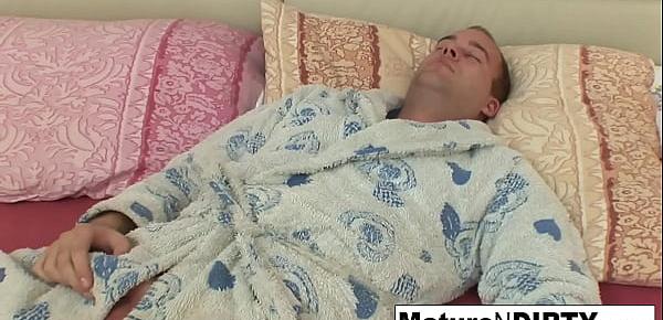  Blonde granny wakes him up for an anal fuck